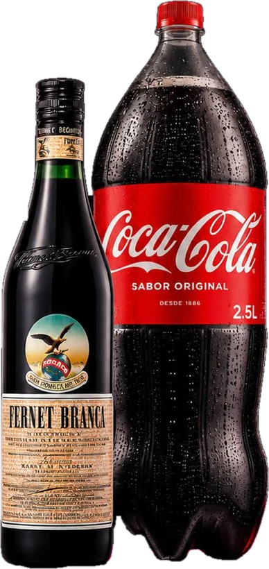 Botella de Fernet Branca junto a una Coca-Cola de 2,5 litros, iluminadas con luz fucsia
